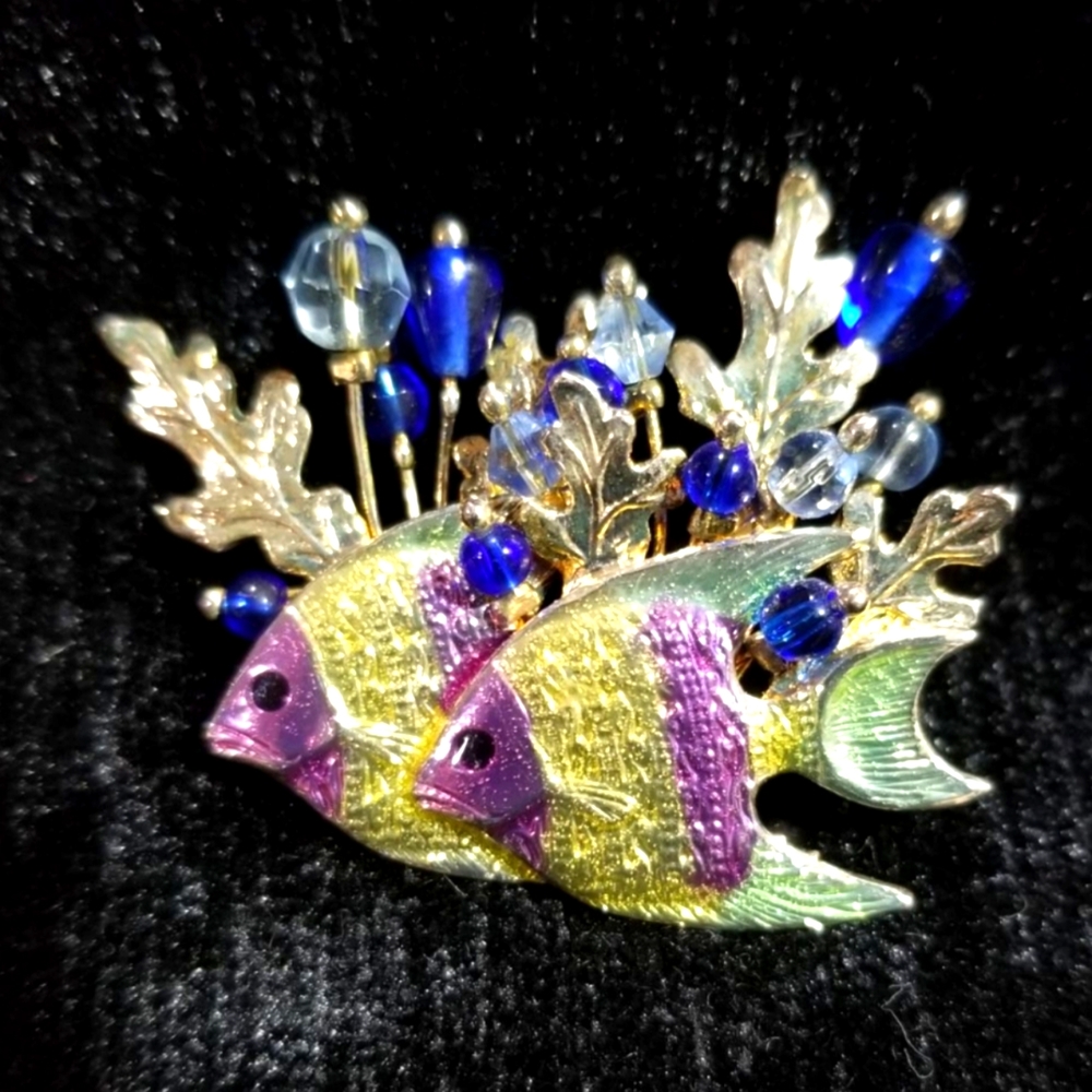 Angel Fish with Glass Beaded Seaweed Brooch Kenneth Cole.